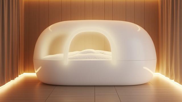 A sleek, futuristic touchless wellness pod with soft, inviting lighting in a minimalist setting