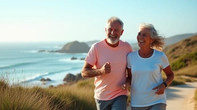 Elderly couple happily engaged in outdoor activity, symbolizing active aging.