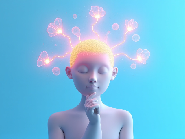 Interactive quiz graphic with stylized brain and a person thinking