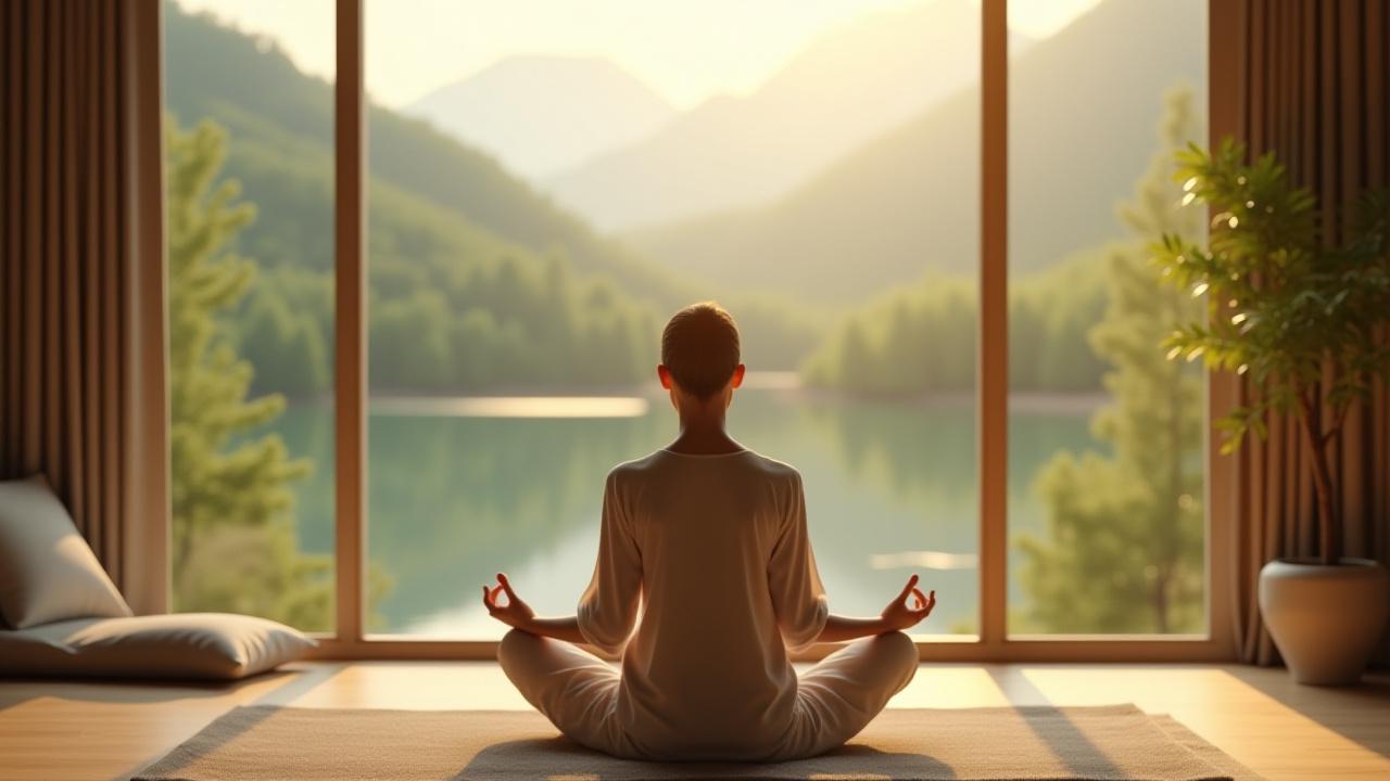 A serene individual meditating by a large window overlooking a peaceful natural landscape, embodying mental resilience and calm.