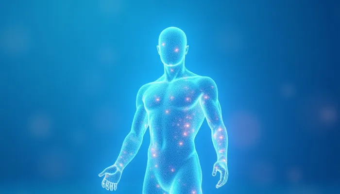 Futuristic abstract animation of data points forming a human silhouette, representing AI-powered personalization