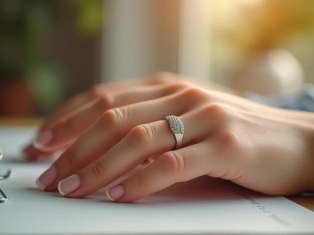 Close-up of Oura Ring Gen3 on a person's finger, showing its sleek design and the surrounding environment suggests a calm, modern setting.